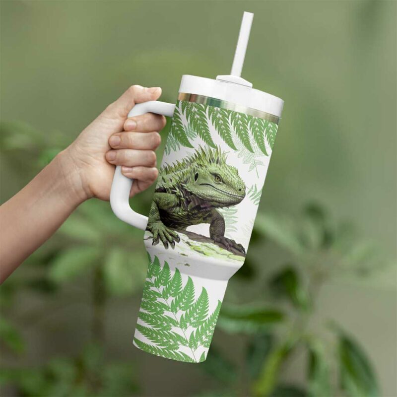 Green New Zealand Tuatara Aotearoa Sphenodon Punctatus Silver Fern Custom Stanley Quencher 40oz Stainless Steel Tumbler With Handle - Threewoofs - Image 4