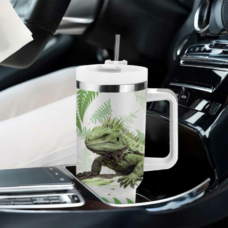 Green New Zealand Tuatara Aotearoa Sphenodon Punctatus Silver Fern Custom Stanley Quencher 40oz Stainless Steel Tumbler With Handle - Threewoofs - Image 8