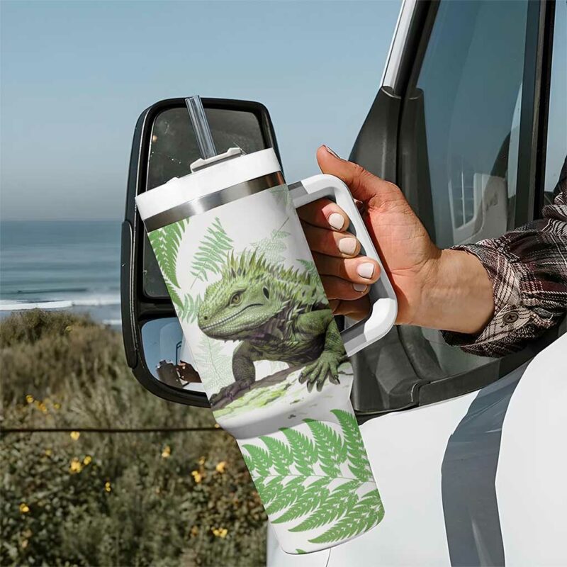Green New Zealand Tuatara Aotearoa Sphenodon Punctatus Silver Fern Custom Stanley Quencher 40oz Stainless Steel Tumbler With Handle - Threewoofs - Image 7