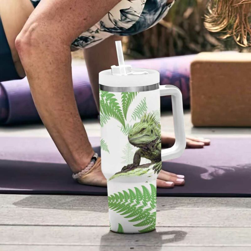 Green New Zealand Tuatara Aotearoa Sphenodon Punctatus Silver Fern Custom Stanley Quencher 40oz Stainless Steel Tumbler With Handle - Threewoofs - Image 6