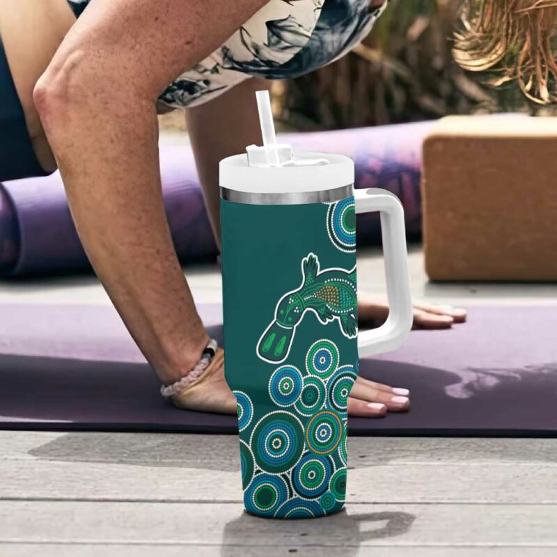 Green Platypus Aboriginal Art Custom Stanley Quencher 40oz Stainless Steel Tumbler With Handle - Threewoofs - Image 6