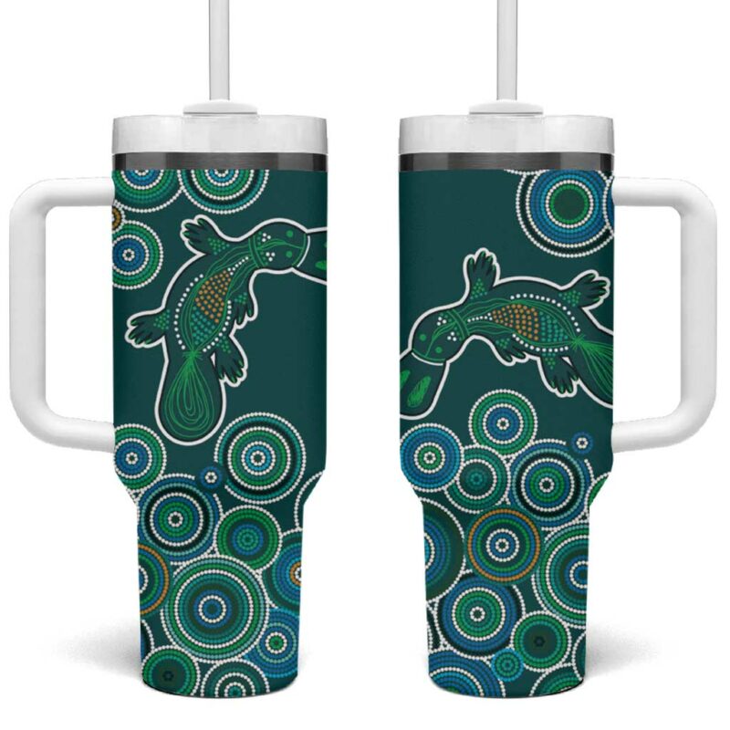 Green Platypus Aboriginal Art Custom Stanley Quencher 40oz Stainless Steel Tumbler With Handle - Threewoofs - Image 2