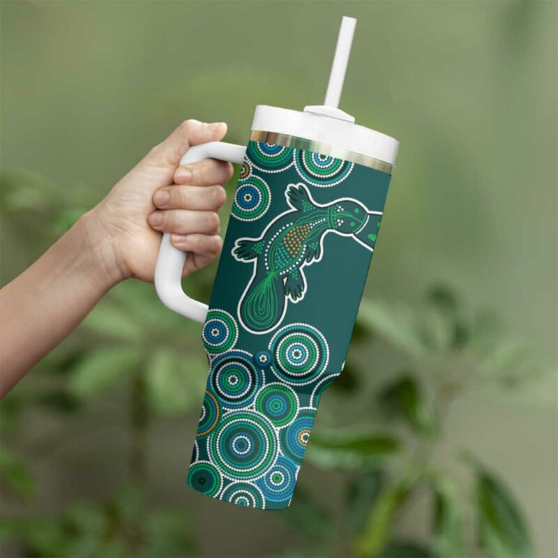 Green Platypus Aboriginal Art Custom Stanley Quencher 40oz Stainless Steel Tumbler With Handle - Threewoofs - Image 4