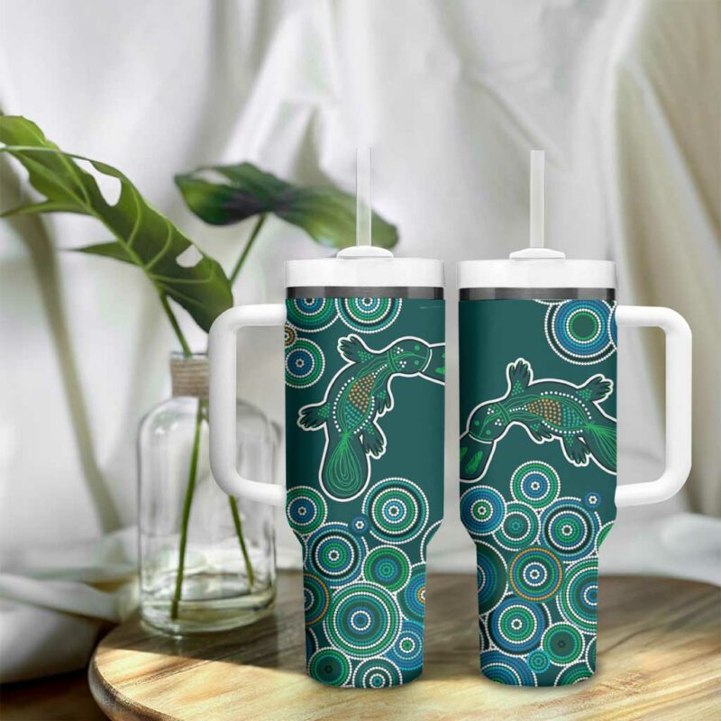 Green Platypus Aboriginal Art Custom Stanley Quencher 40oz Stainless Steel Tumbler With Handle - Threewoofs - Image 9