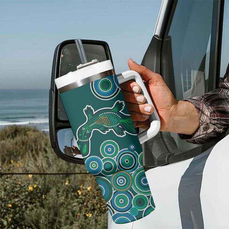 Green Platypus Aboriginal Art Custom Stanley Quencher 40oz Stainless Steel Tumbler With Handle - Threewoofs - Image 7