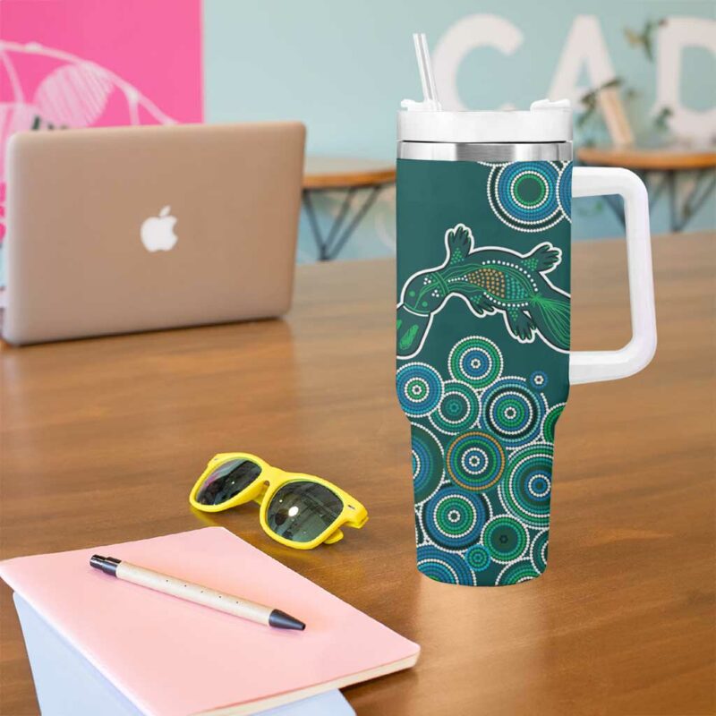 Green Platypus Aboriginal Art Custom Stanley Quencher 40oz Stainless Steel Tumbler With Handle - Threewoofs - Image 5