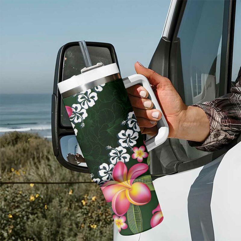 Green Polynesia Plumeria With Hibiscus Tropical Custom Stanley Quencher 40oz Stainless Steel Tumbler With Handle - Threewoofs - Image 7