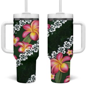 Green Polynesia Plumeria With Hibiscus Tropical Custom Stanley Quencher 40oz Stainless Steel Tumbler With Handle - Threewoofs