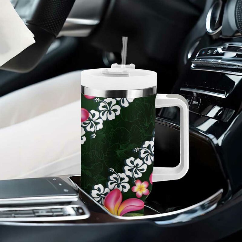 Green Polynesia Plumeria With Hibiscus Tropical Custom Stanley Quencher 40oz Stainless Steel Tumbler With Handle - Threewoofs - Image 8