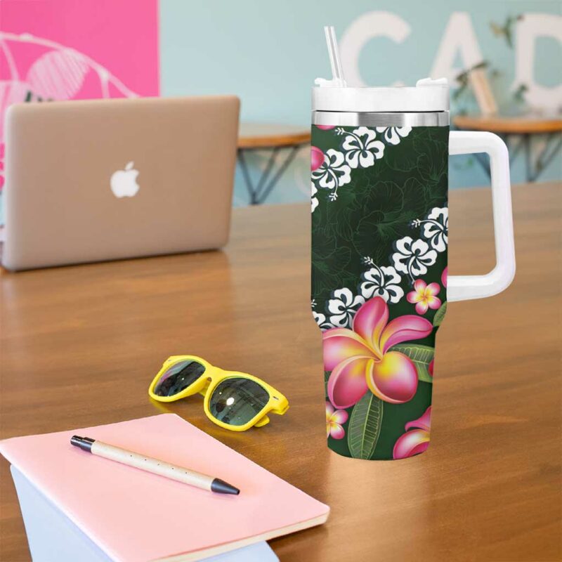 Green Polynesia Plumeria With Hibiscus Tropical Custom Stanley Quencher 40oz Stainless Steel Tumbler With Handle - Threewoofs - Image 5