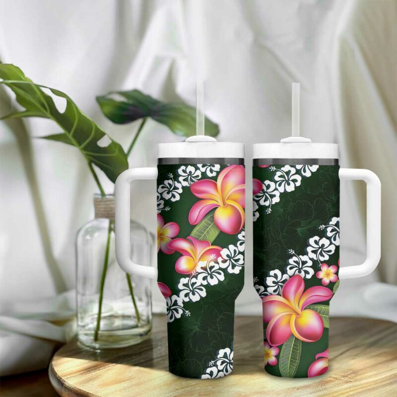 Green Polynesia Plumeria With Hibiscus Tropical Custom Stanley Quencher 40oz Stainless Steel Tumbler With Handle - Threewoofs - Image 9
