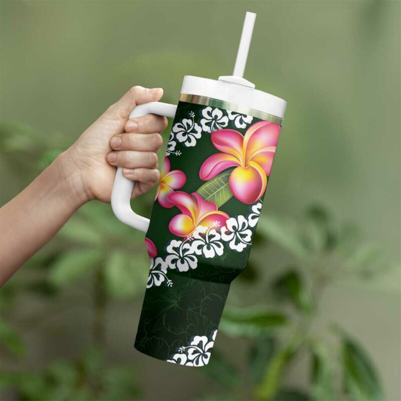 Green Polynesia Plumeria With Hibiscus Tropical Custom Stanley Quencher 40oz Stainless Steel Tumbler With Handle - Threewoofs - Image 3