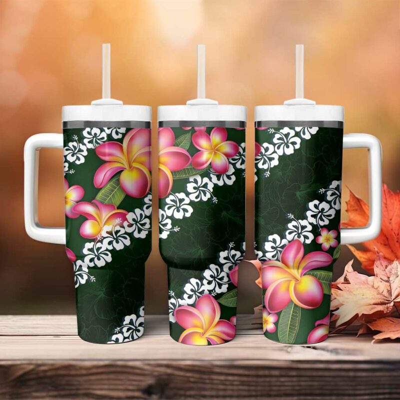 Green Polynesia Plumeria With Hibiscus Tropical Custom Stanley Quencher 40oz Stainless Steel Tumbler With Handle - Threewoofs - Image 4
