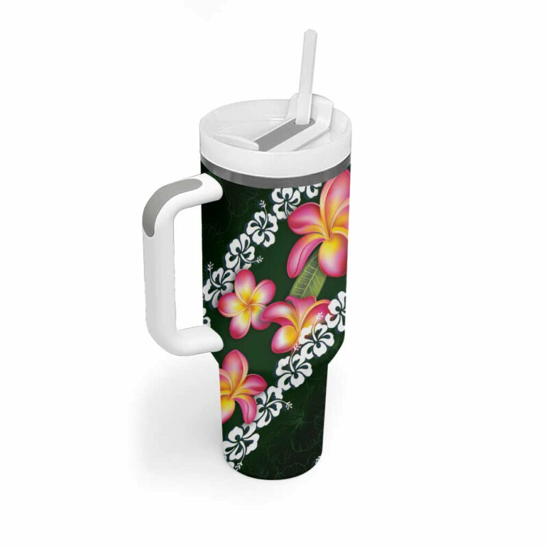 Green Polynesia Plumeria With Hibiscus Tropical Custom Stanley Quencher 40oz Stainless Steel Tumbler With Handle - Threewoofs - Image 2