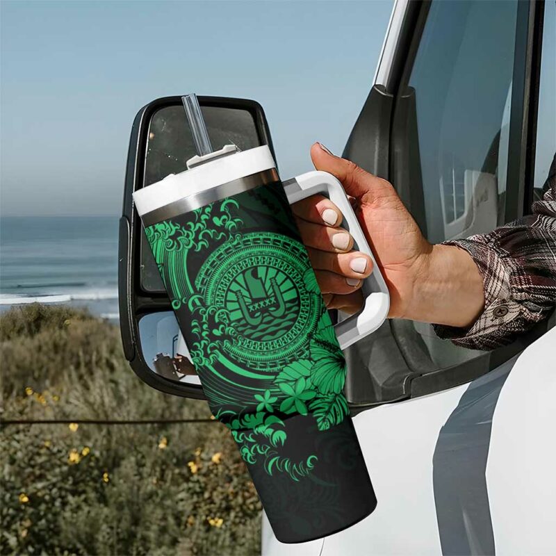 Green Polynesian Tahiti Island The Wave of Water Custom Stanley Quencher 40oz Stainless Steel Tumbler With Handle - Threewoofs - Image 7