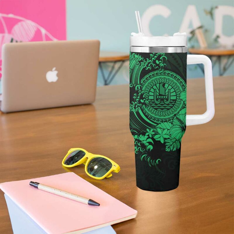 Green Polynesian Tahiti Island The Wave of Water Custom Stanley Quencher 40oz Stainless Steel Tumbler With Handle - Threewoofs - Image 5