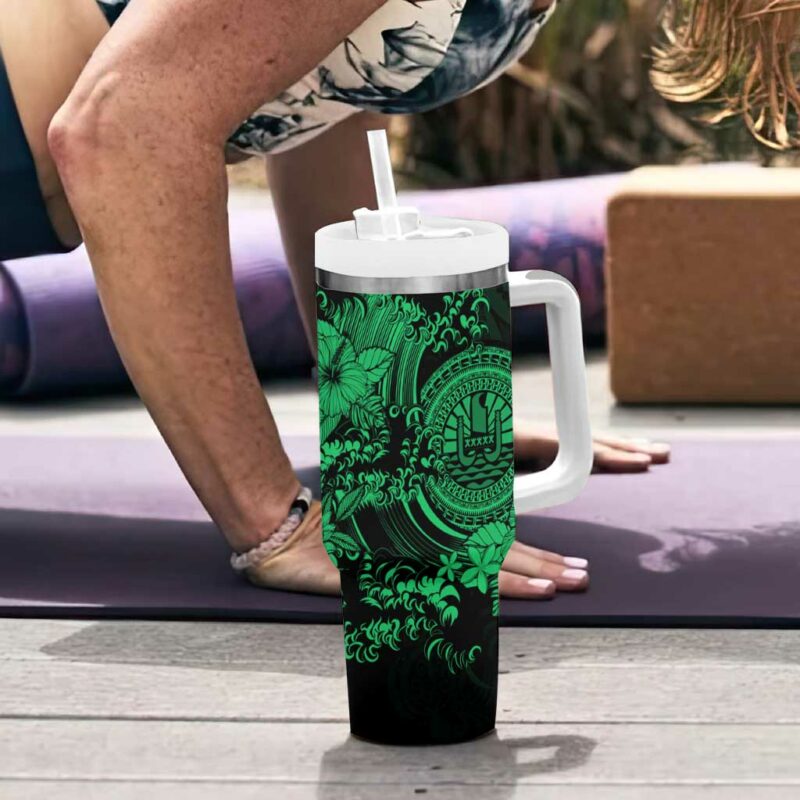 Green Polynesian Tahiti Island The Wave of Water Custom Stanley Quencher 40oz Stainless Steel Tumbler With Handle - Threewoofs - Image 6