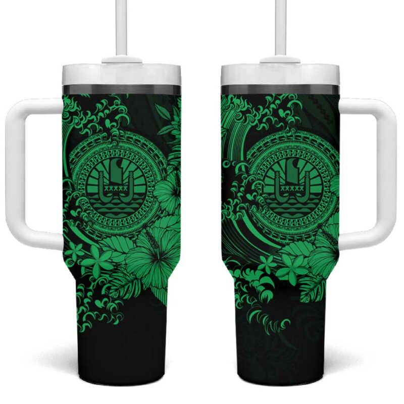 Green Polynesian Tahiti Island The Wave of Water Custom Stanley Quencher 40oz Stainless Steel Tumbler With Handle - Threewoofs