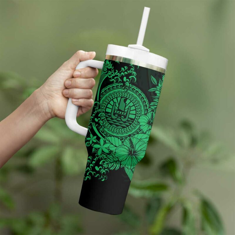 Green Polynesian Tahiti Island The Wave of Water Custom Stanley Quencher 40oz Stainless Steel Tumbler With Handle - Threewoofs - Image 3