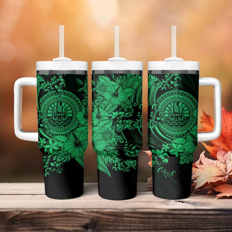 Green Polynesian Tahiti Island The Wave of Water Custom Stanley Quencher 40oz Stainless Steel Tumbler With Handle - Threewoofs - Image 4