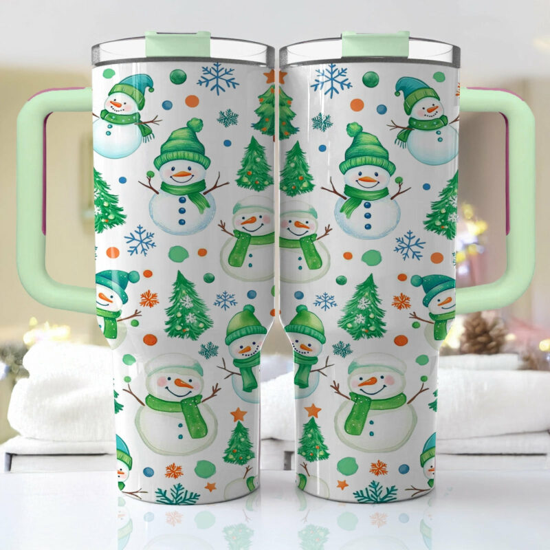 Green Snowman Wonderland Christmas Custom Stanley Quencher 40oz Stainless Steel Tumbler With Handle - Threewoofs - Image 3