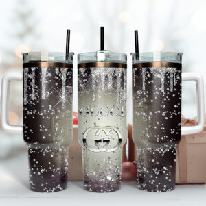 Gucci Logo Glitter Pattern Custom Stanley Quencher 40oz Stainless Steel Tumbler With Handle - Threewoofs