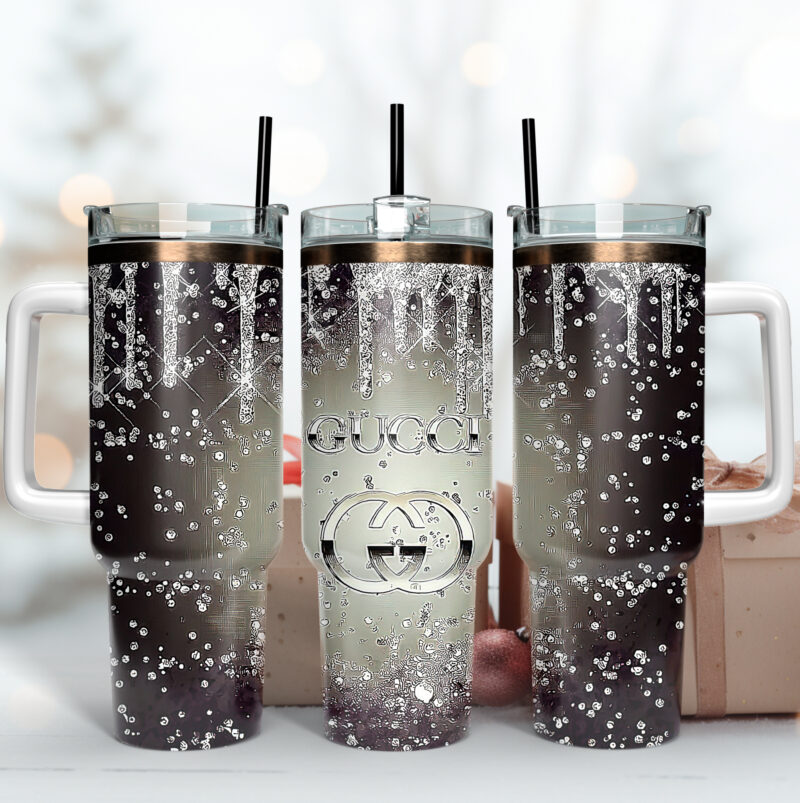 Gucci Logo Glitter Pattern Custom Stanley Quencher 40oz Stainless Steel Tumbler With Handle - Threewoofs