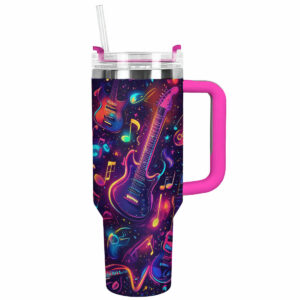 Guitar Neon Groove Custom Stanley Quencher 40oz Stainless Steel Tumbler With Handle - Threewoofs