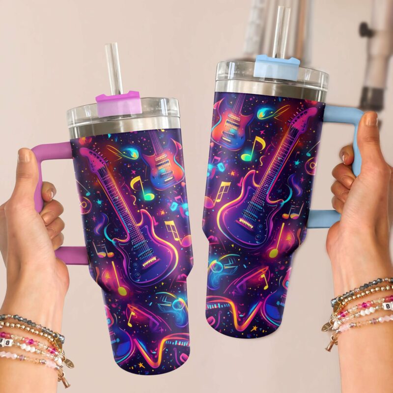 Guitar Neon Groove Custom Stanley Quencher 40oz Stainless Steel Tumbler With Handle - Threewoofs - Image 2