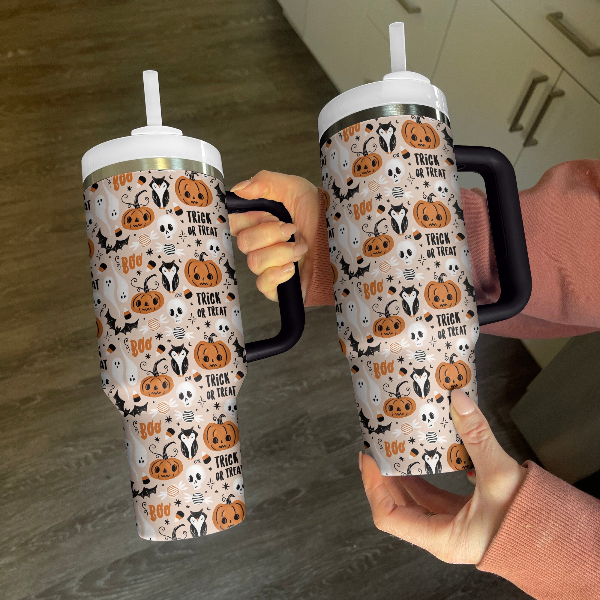 Halloween Themed Tumbler with Handle & Straw - Spooky Pumpkin & Ghost Design - Image 3