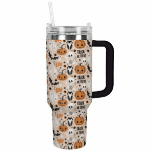 Halloween Themed Tumbler with Handle & Straw - Spooky Pumpkin & Ghost Design