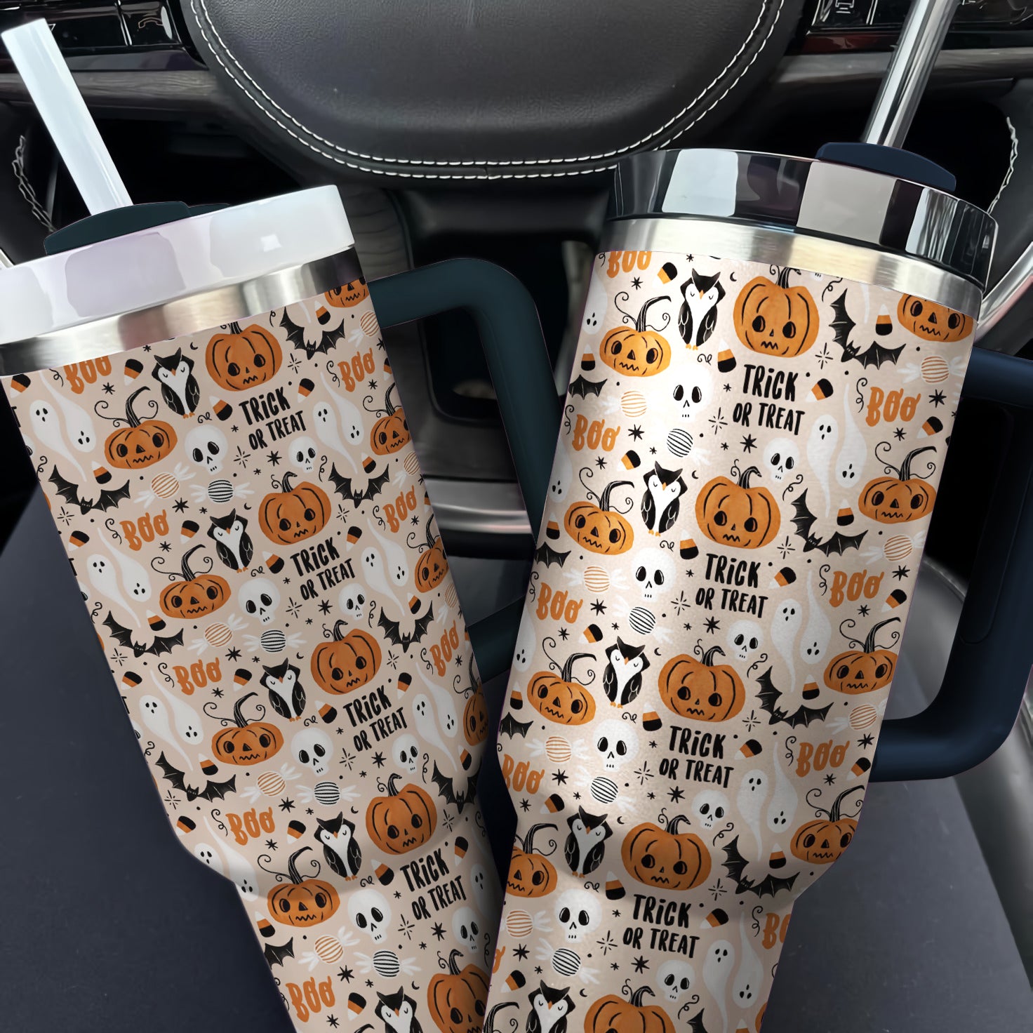Halloween Themed Tumbler with Handle & Straw - Spooky Pumpkin & Ghost Design - Image 4