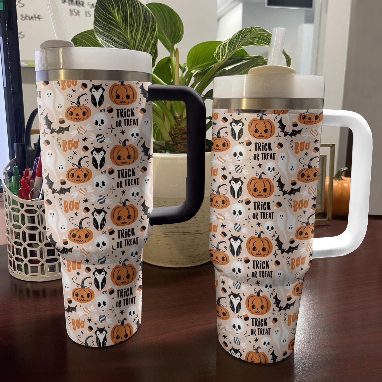 Halloween Themed Tumbler with Handle & Straw - Spooky Pumpkin & Ghost Design - Image 2