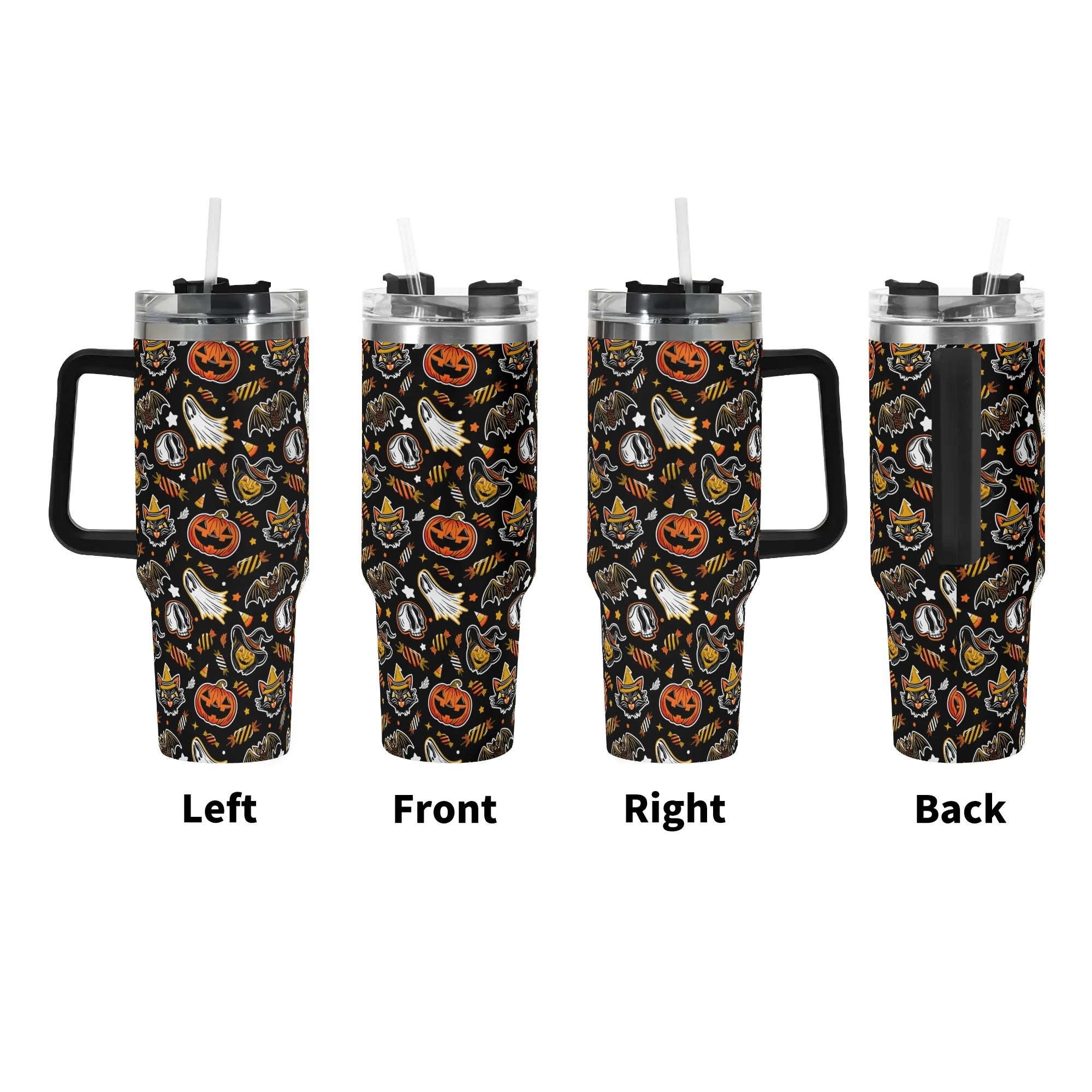 Spooky Halloween Travel Mug with Lid - Ghosts, Pumpkins & Cats Design - Image 3