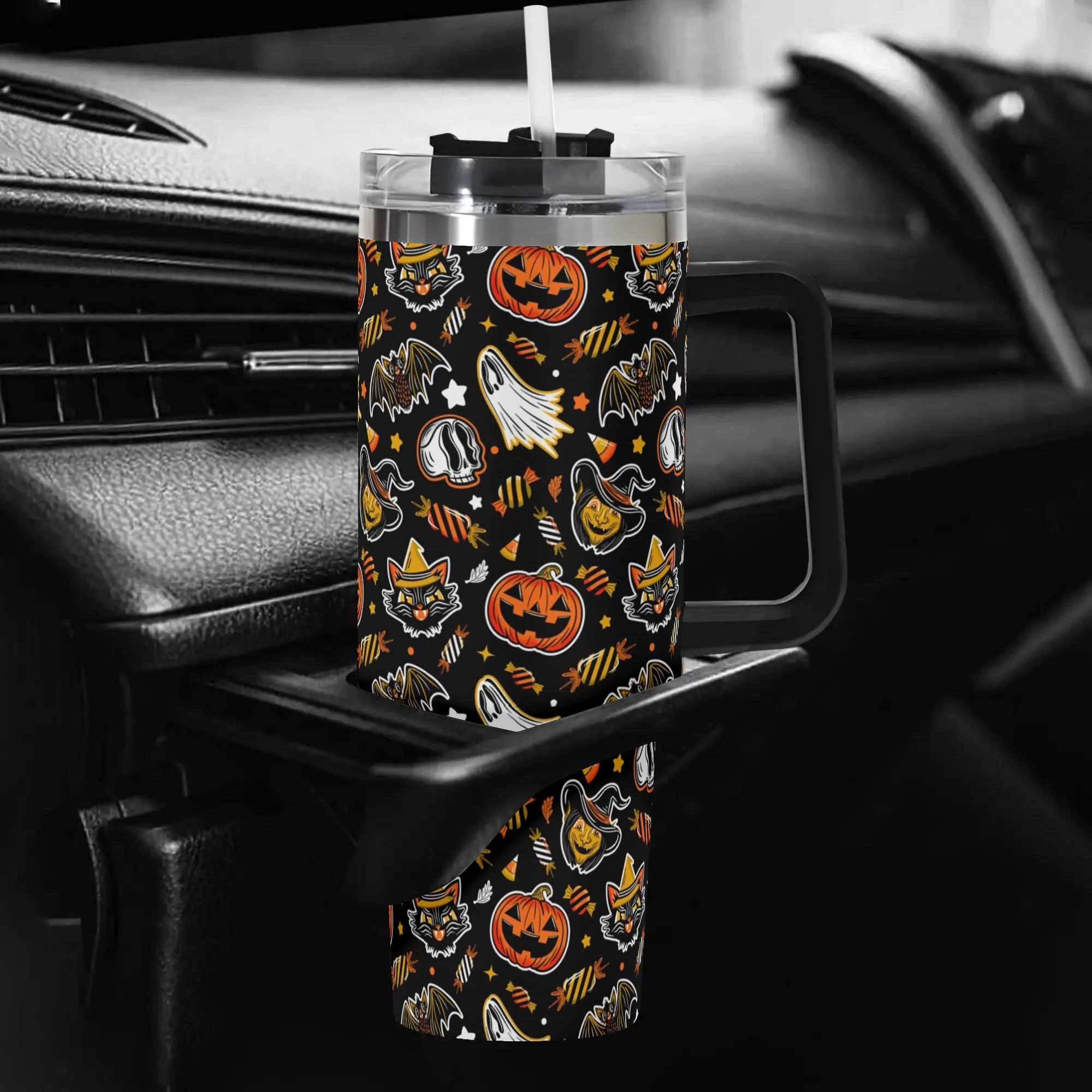 Spooky Halloween Travel Mug with Lid - Ghosts, Pumpkins & Cats Design - Image 5