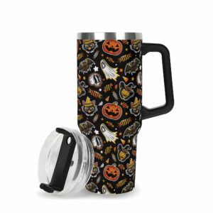 Spooky Halloween Travel Mug with Lid - Ghosts, Pumpkins & Cats Design