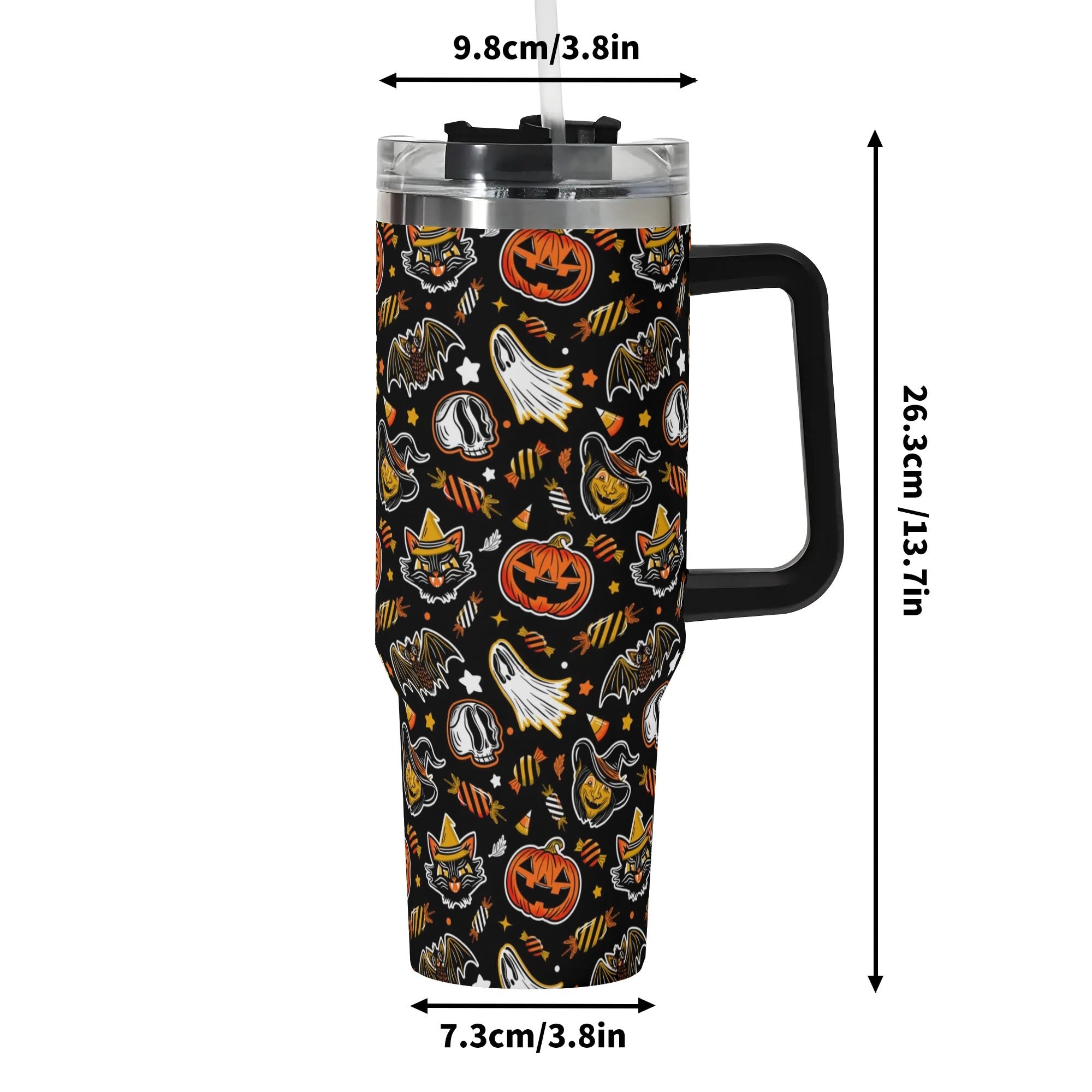 Spooky Halloween Travel Mug with Lid - Ghosts, Pumpkins & Cats Design - Image 6