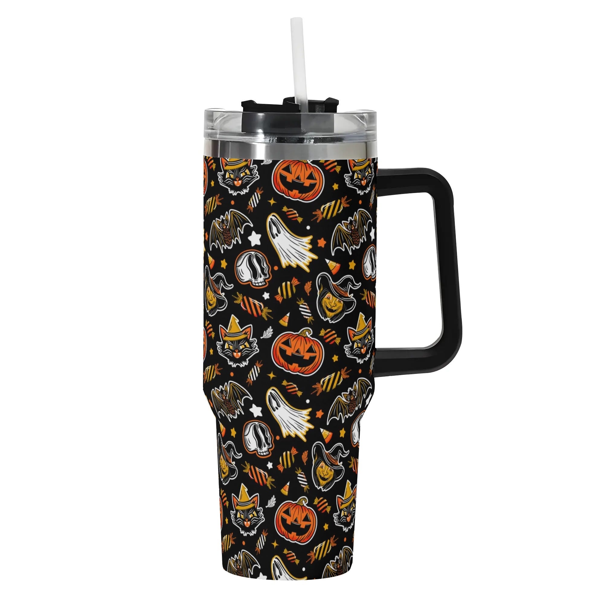 Spooky Halloween Travel Mug with Lid - Ghosts, Pumpkins & Cats Design - Image 2