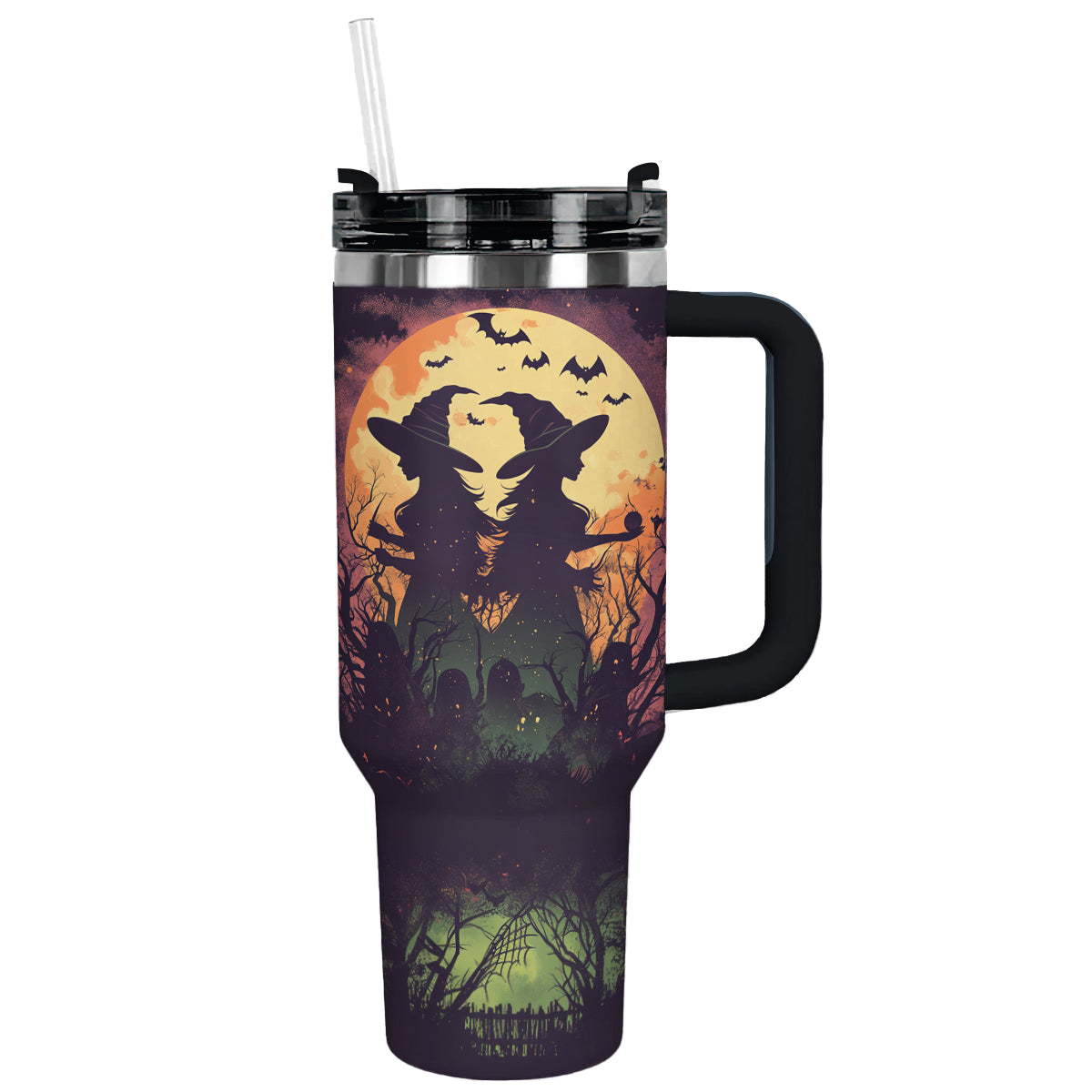 Spooky Witch Halloween Travel Mug - Double Wall Insulated Tumbler with Straw
