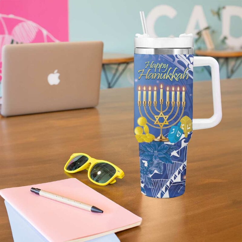 Hanukkah Jewish Festival It‚Äôs Lit Polynesian Custom Stanley Quencher 40oz Stainless Steel Tumbler With Handle - Threewoofs - Image 5