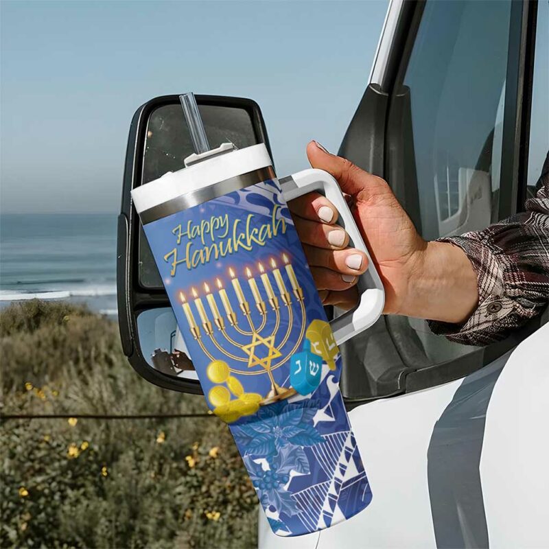 Hanukkah Jewish Festival It‚Äôs Lit Polynesian Custom Stanley Quencher 40oz Stainless Steel Tumbler With Handle - Threewoofs - Image 7