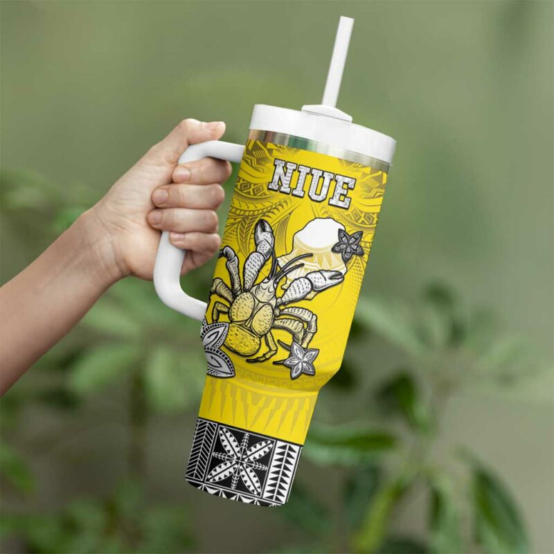 Happy Niue Constitution Day Niuean Crab Hiapo Yellow Custom Stanley Quencher 40oz Stainless Steel Tumbler With Handle - Threewoofs - Image 3