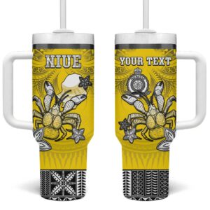 Happy Niue Constitution Day Niuean Crab Hiapo Yellow Custom Stanley Quencher 40oz Stainless Steel Tumbler With Handle - Threewoofs