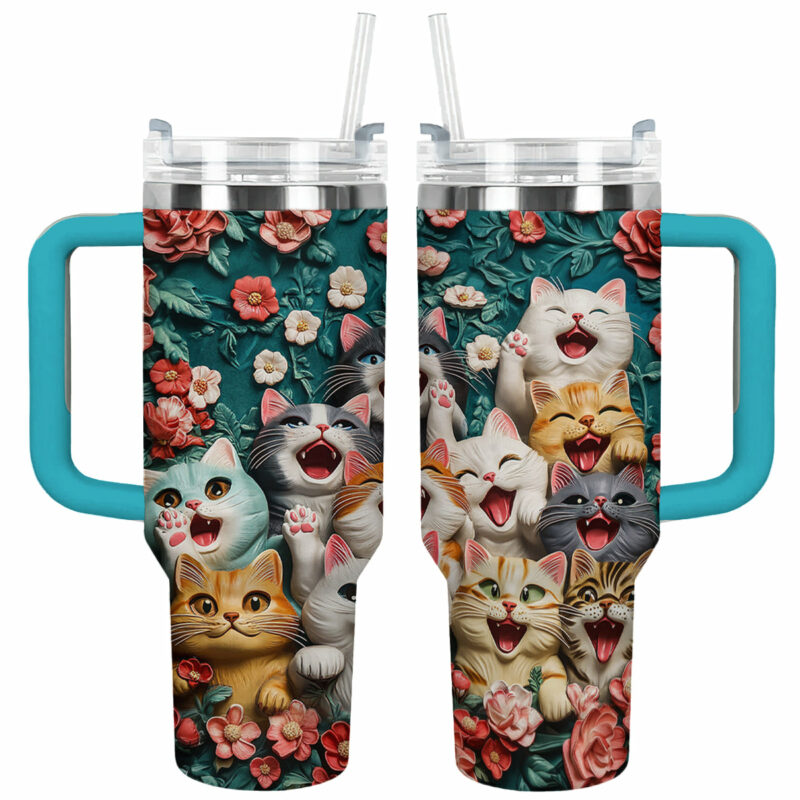 Happy Paws Cat Custom Stanley Quencher 40oz Stainless Steel Tumbler With Handle - Threewoofs