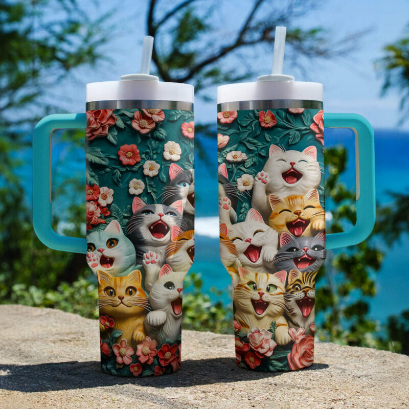 Happy Paws Cat Custom Stanley Quencher 40oz Stainless Steel Tumbler With Handle - Threewoofs - Image 3