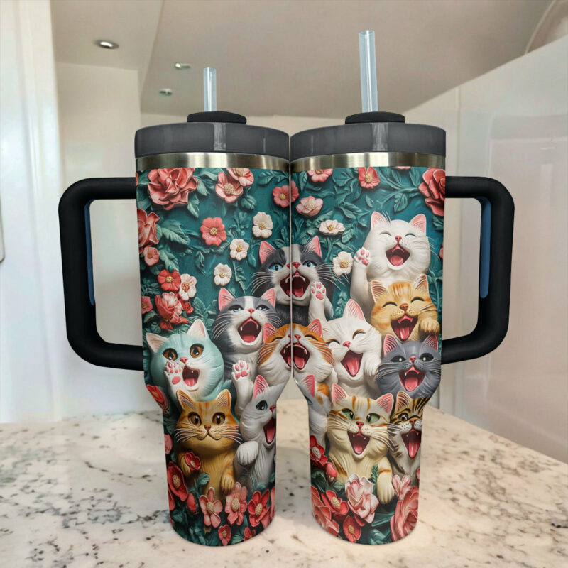 Happy Paws Cat Custom Stanley Quencher 40oz Stainless Steel Tumbler With Handle - Threewoofs - Image 4