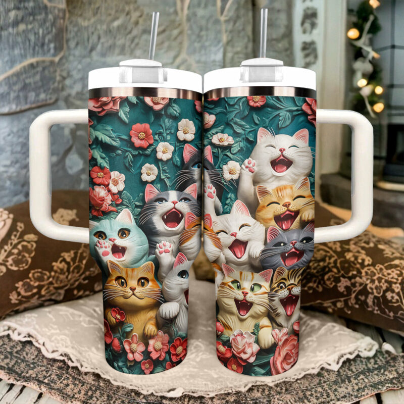 Happy Paws Cat Custom Stanley Quencher 40oz Stainless Steel Tumbler With Handle - Threewoofs - Image 2