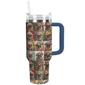 Happy Pug Christmas Custom Stanley Quencher 40oz Stainless Steel Tumbler With Handle - Threewoofs