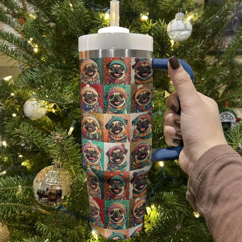 Happy Pug Christmas Custom Stanley Quencher 40oz Stainless Steel Tumbler With Handle - Threewoofs - Image 2