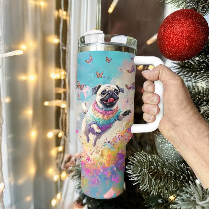 Happy Pug Dog with Butterflies Custom Stanley Quencher 40oz Stainless Steel Tumbler With Handle - Threewoofs - Image 3